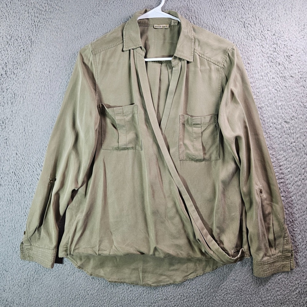 Holding Horses Wrap Top Women US 6 Lyocell Olive Green Comfy Long Sleeve